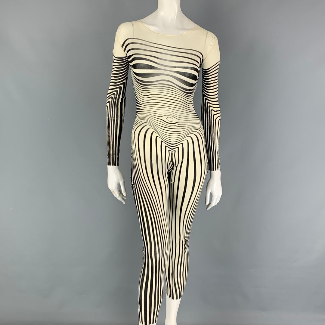 Vintage 1996 JEAN PAUL GAULTIER Size One Size Cream Black Stripe Stretch Tulle Bodysuit