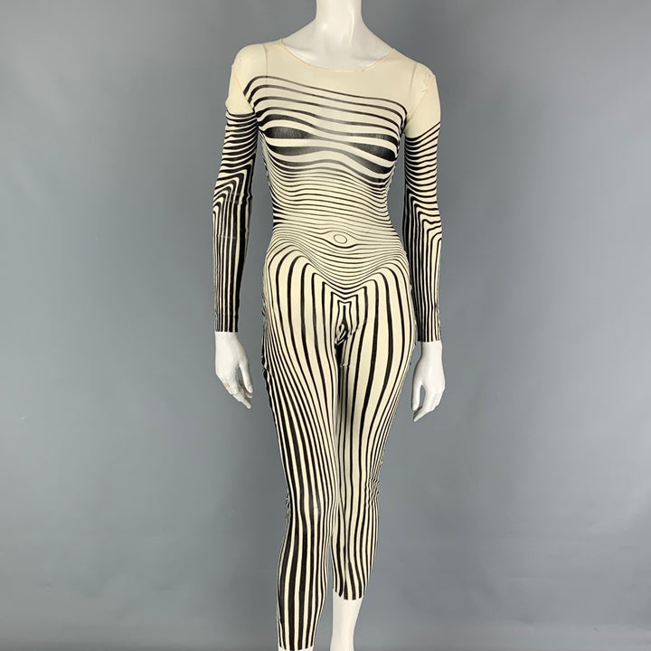 Vintage 1996 JEAN PAUL GAULTIER Size One Size Cream Black Stripe Stretch Tulle Bodysuit