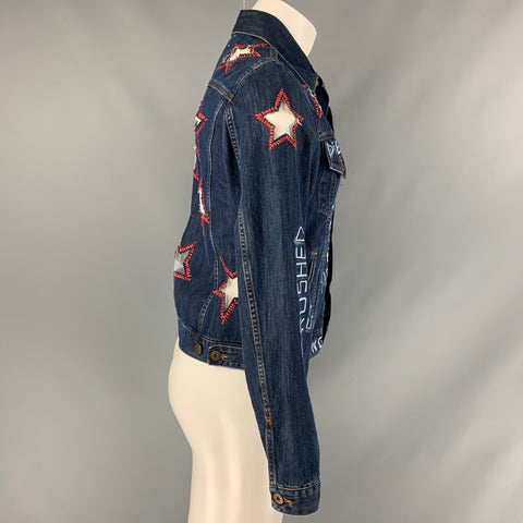 FAITH CONNEXION Size XS Indigo Print Denim Trucker Jacket
