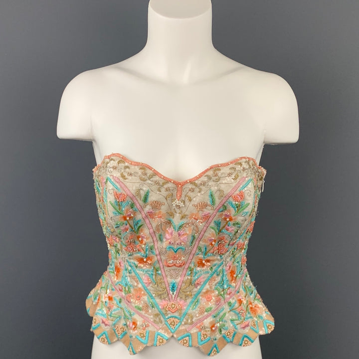 ESCADA COUTURE Size 6 Multi-Color Beaded Floral Silk Bustier