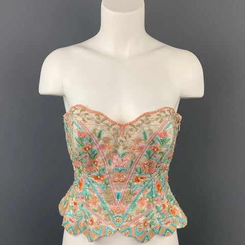 ESCADA COUTURE Taille 6 Bustier en soie florale perlée multicolore