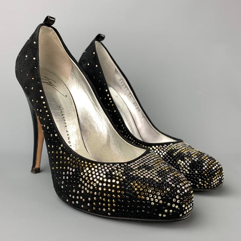 GIUSEPPE ZANOTTI Talla 6 Zapatos de tacón de ante con cristales en negro y plateado