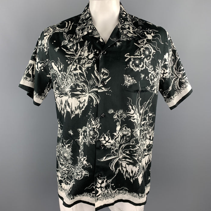 GIVENCHY Size L Black & White Print Cotton Camp Short Sleeve Shirt