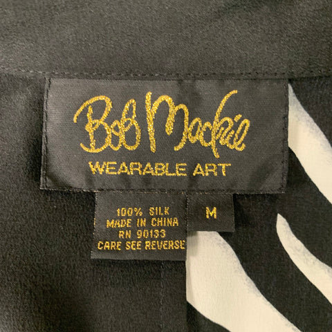 BOB MACKIE Talla M Blusa con botones y estampado de seda blanco y negro