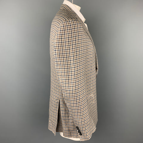 ERMENEGILDO ZEGNA Size 46 Crossover Taupe & Blue Plaid Linen Blend Notch Lapel Sport Coat