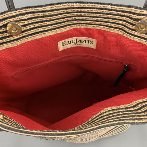ERIC JAVITS Stripe Beige Straw Leather Tote Handbag & Leather Goods