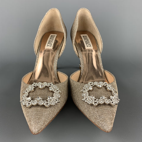 BADGLEY MISCHKA Tamaño 8 Plata Metálico Beige Tela Rhinestone Hebilla D'orsay Bombas