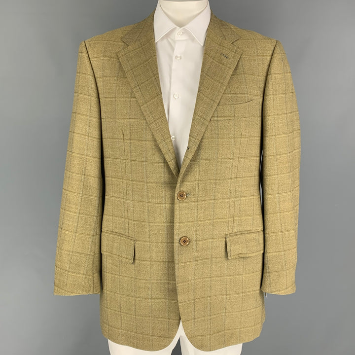 LUCIANO BARBERA Size 44 Yellow Olive Window Pane Wool Sport Coat