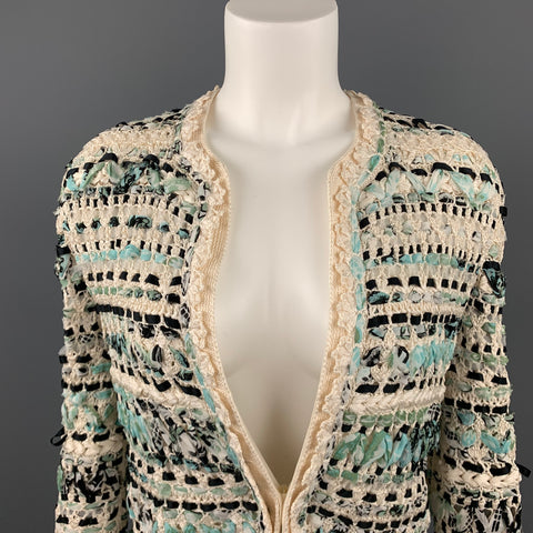 OSCAR DE LA RENTA Chaqueta tipo cárdigan de crochet de seda tejida en color crema y azul turquesa talla S