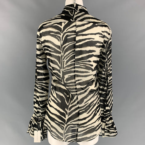 DRIES VAN NOTEN Size 2 Black & White Cotton Zebra Clavelly Cuff Blouse