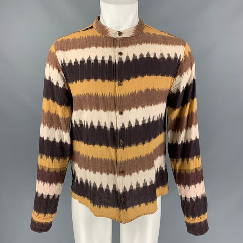 YOU MUST CREATE Size M Brown Beige Stripe Cotton Collarless Long Sleeve Shirt