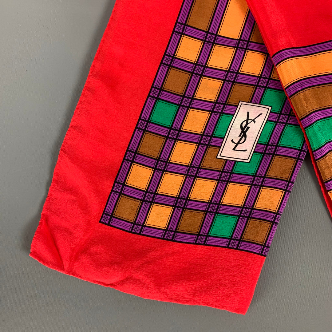 Vintage YVES SAINT LAURENT Red Multi-Color Print Silk Scarf