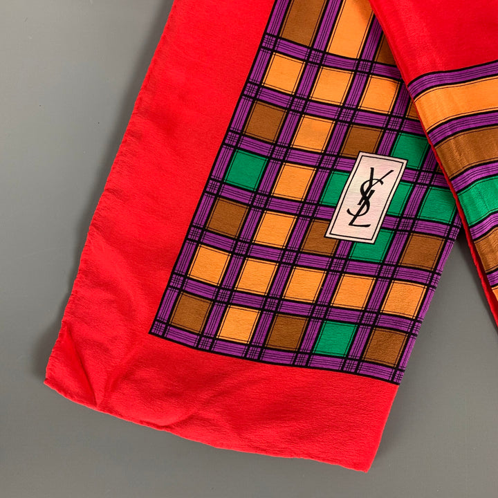 Vintage YVES SAINT LAURENT Red Multi-Color Print Silk Scarf