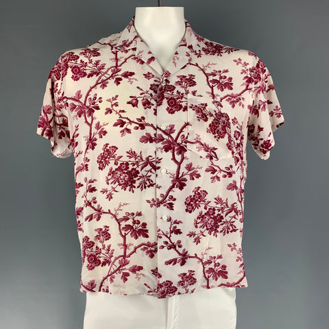 BODE Size L Off White Burgundy Floral Rayon Camp Short Sleeve Shirt