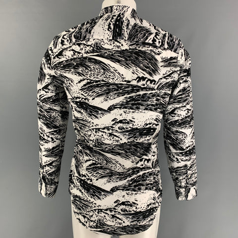 KENZO Size S Black White Print Cotton Nehru Collar Long Sleeve Shirt