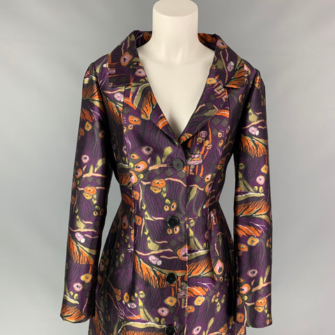 ROCHAS Size 4 Multi-Color Floral Wool / Silk Floral A-line Coat
