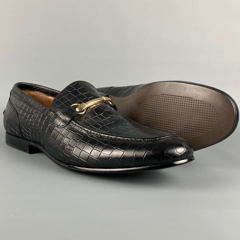 SAKS FIFTH AVENUE Size 12 Black Embossed Leather Slip On Horsebit Loafers