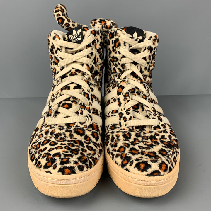 JEREMY SCOTT x ADIDAS Size 12 Beige Black Orange Animal Print Fabric High Top Sneakers