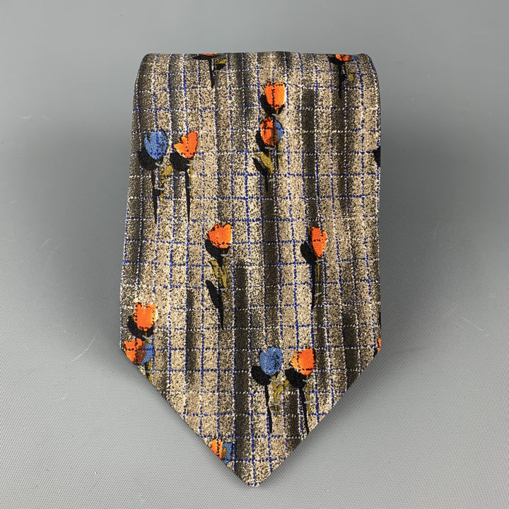 ERMENEGILDO ZEGNA Gray Silk Blue & Orange Flower Tie