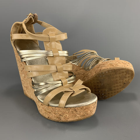 JIMMY CHOO Size 7 Beige & Silver Patent Leather Cork Wedge Platform Sandals