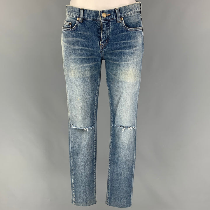 SAINT LAURENT Size 27 Blue Cotton Distressed Skinny Jeans