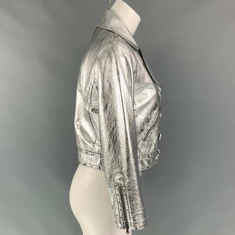 MARC by MARC JACOBS Size 6 Silver Leather Studded Rhinestones Cropped Jacket