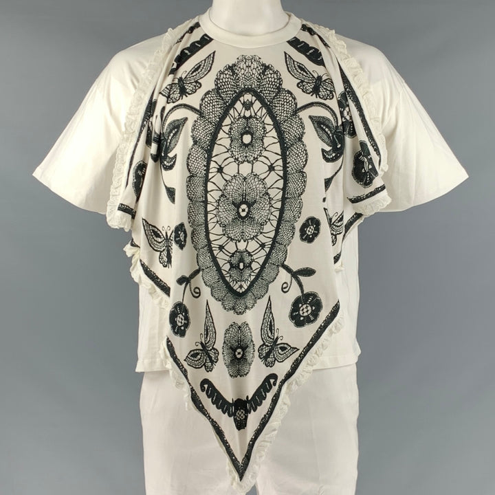 ESSENTIEL Size XL Cream Black Mixed Fabrics Cotton Short Sleeve T-shirt