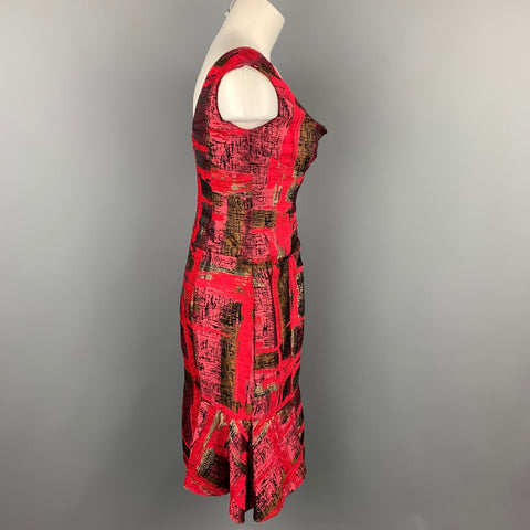 CAROLINA HERRERA Size 8 Red Jacquard Silk Tulip Cocktail Dress