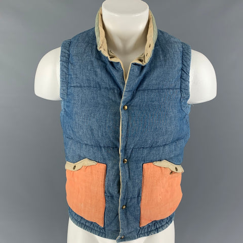 VISVIM Chaleco reversible de lino y algodón con bloques de color azul naranja talla S