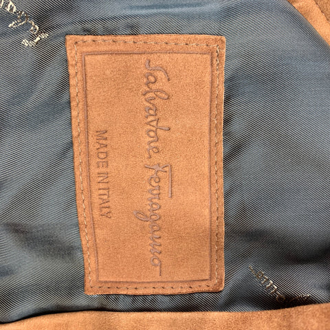 SALVATORE FERRAGAMO Size 42 Tan Suede Quilted Zip Up Hooded Vest