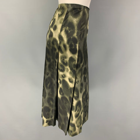 PRADA Size 8 Olive Black Silk Print A-Line Skirt