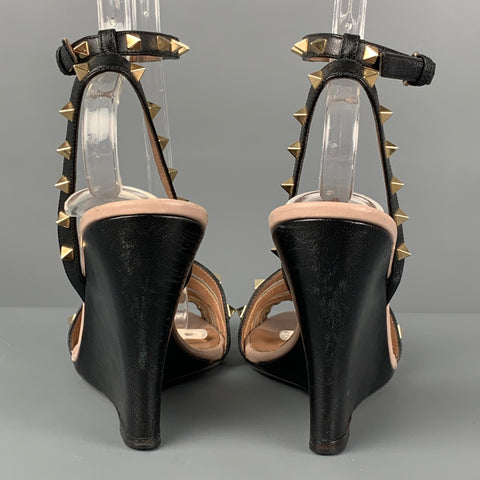 VALENTINO Size 8.5 Black Leather Rockstud Ankle Strap Wedges