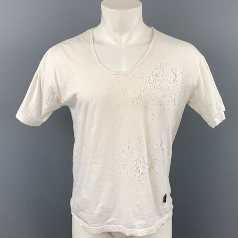 ROBERT CARY-WILLIAMS Size L White Distressed Cotton Short Sleeve T-shirt