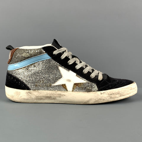GOLDEN GOOSE Talla 7 Zapatillas Mid Star de ante plateadas y negras
