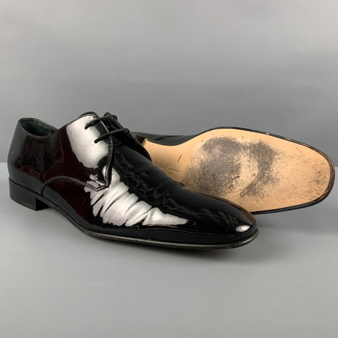 SALVATORE FERRAGAMO Size 10.5 Black Patent Leather Lace Up Shoes