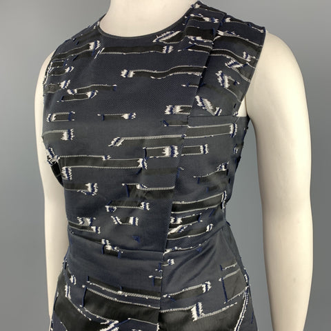 JIL SANDER Size 12 Navy & White Textured Sleeveless Cocktail Dress