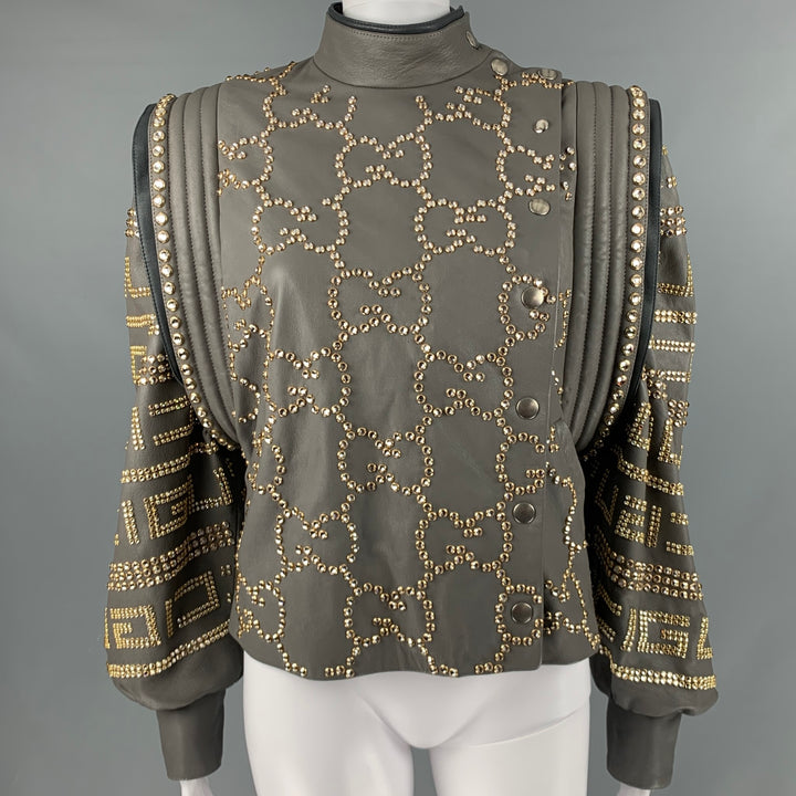 GUCCI FW2018 Runway Talla 2 Chaqueta corta con tachuelas de cuero gris dorado