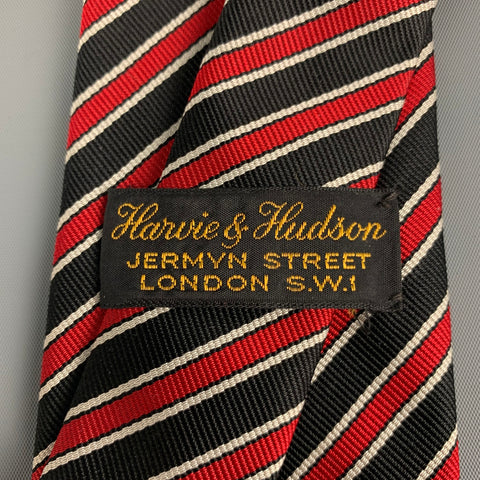 HARVIE & HUDSON Black Red White Diagonal Stripe Silk Twill Tie
