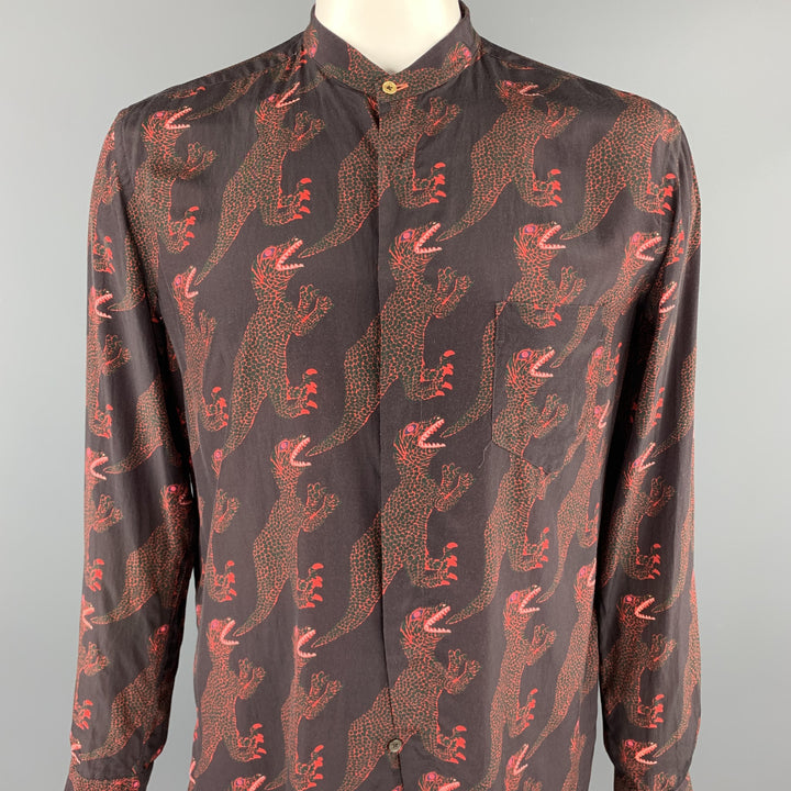 PAUL SMITH Size XL Brown & Red Print Cupro / Cotton Long Sleeve Shirt