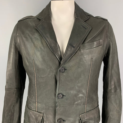GIMO'S Taille L Veste à revers cranté en cuir noir à surpiqûres contrastées