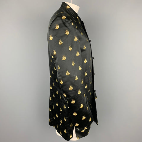 CUSTOM MADE Size 42 Black & Gold Bee Jacquard Motif Nehru Collar Sport Coat