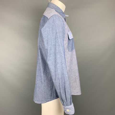 ENGINEERED GARMENTS Size M Light Blue Color Block Chambray Long Sleeve Shirt