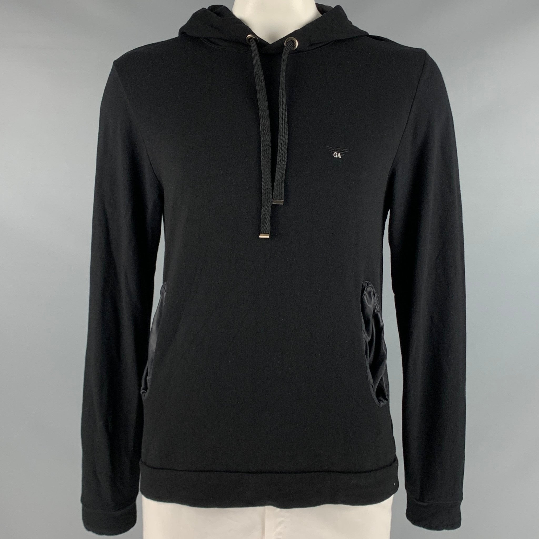 EMPORIO ARMANI Size XL Black Viscose Elastane Hooded Sweatshirt