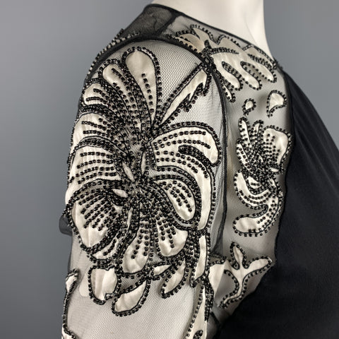BILL BLASS Size 6 Black Cream Floral Mesh Sleeve Chiffon Gown