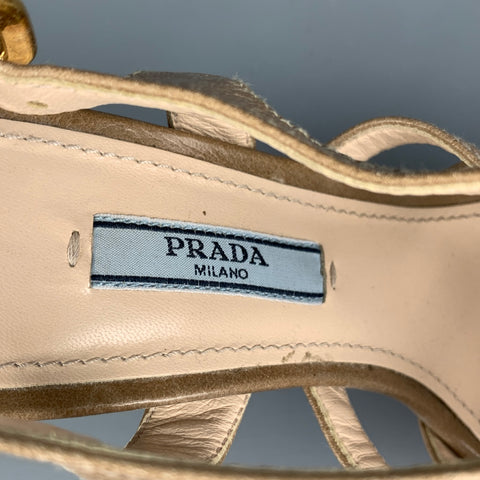 PRADA Talla 6.5 Sandalias de tacón con plataforma de cuero color topo y beige