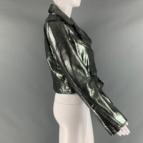 REBECCA MINKOFF Taille S Veste de motard métallisée en cuir argenté