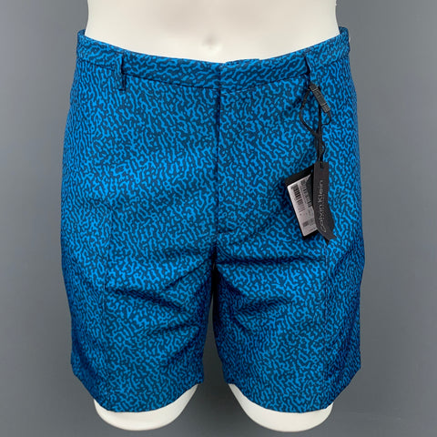 CALVIN KLEIN COLLECTION Size 36 Blue & Navy Abstract Polyester Zip Fly Shorts