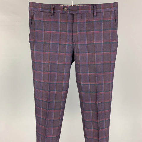 ETRO Taille 32 Pantalon habillé en laine et soie à carreaux violet marron avec braguette zippée