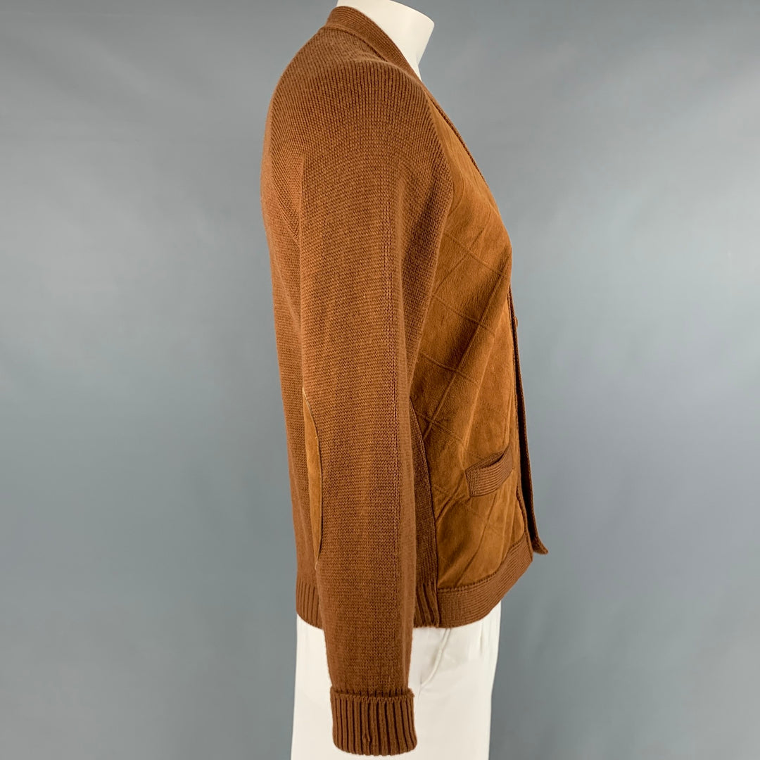 TUNDRA Size L Camel Virgin Wool Suede Elbow Patches Cardigan