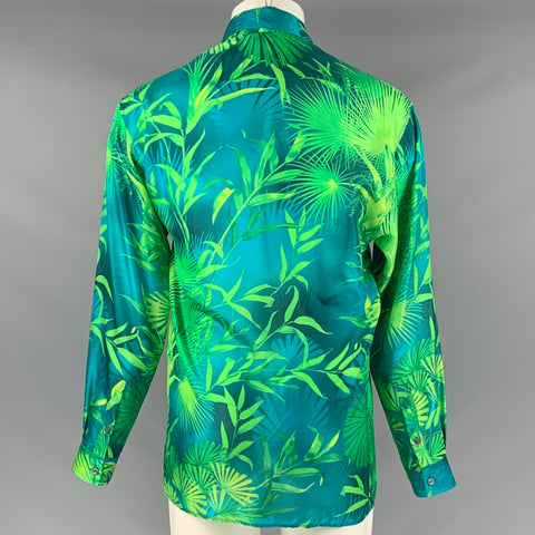 VERSUS by GIANNI VERSACE Size 36 Blue Green Leaves Silk Long Sleeve Shirt